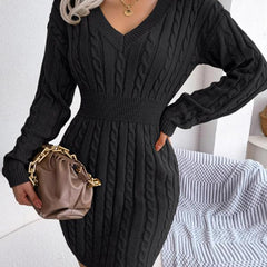 Women's Cable Knit Sweater Dress, Midi V-Neck Long Sleeve Cinched Waist Knit Dress