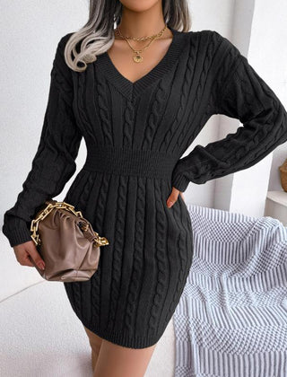 Women's Cable Knit Sweater Dress, Midi V-Neck Long Sleeve Cinched Waist Knit Dress