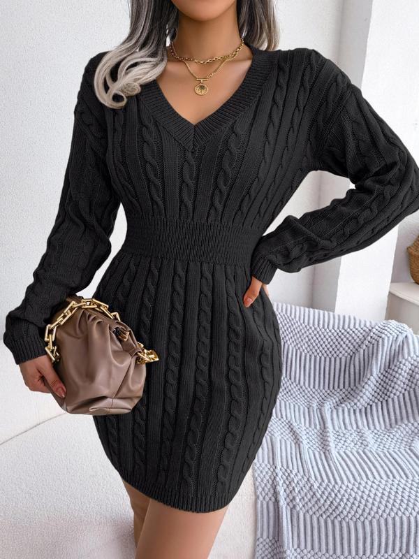 Women's Cable Knit Sweater Dress, Midi V-Neck Long Sleeve Cinched Waist Knit Dress