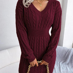Women's Cable Knit Sweater Dress, Midi V-Neck Long Sleeve Cinched Waist Knit Dress