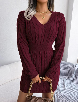 Women's Cable Knit Sweater Dress, Midi V-Neck Long Sleeve Cinched Waist Knit Dress