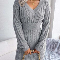 Women's Cable Knit Sweater Dress, Midi V-Neck Long Sleeve Cinched Waist Knit Dress