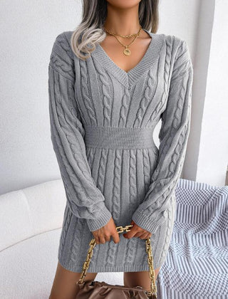 Women's Cable Knit Sweater Dress, Midi V-Neck Long Sleeve Cinched Waist Knit Dress