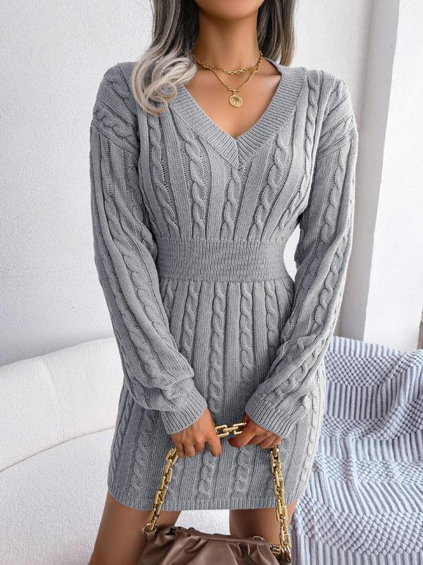 Women's Cable Knit Sweater Dress, Midi V-Neck Long Sleeve Cinched Waist Knit Dress