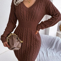 Women's Cable Knit Sweater Dress, Midi V-Neck Long Sleeve Cinched Waist Knit Dress