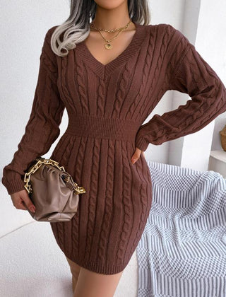 Women's Cable Knit Sweater Dress, Midi V-Neck Long Sleeve Cinched Waist Knit Dress