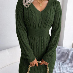 Women's Cable Knit Sweater Dress, Midi V-Neck Long Sleeve Cinched Waist Knit Dress
