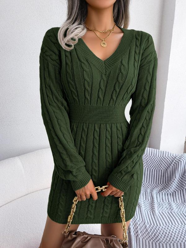 Women's Cable Knit Sweater Dress, Midi V-Neck Long Sleeve Cinched Waist Knit Dress