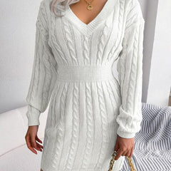 Women's Cable Knit Sweater Dress, Midi V-Neck Long Sleeve Cinched Waist Knit Dress