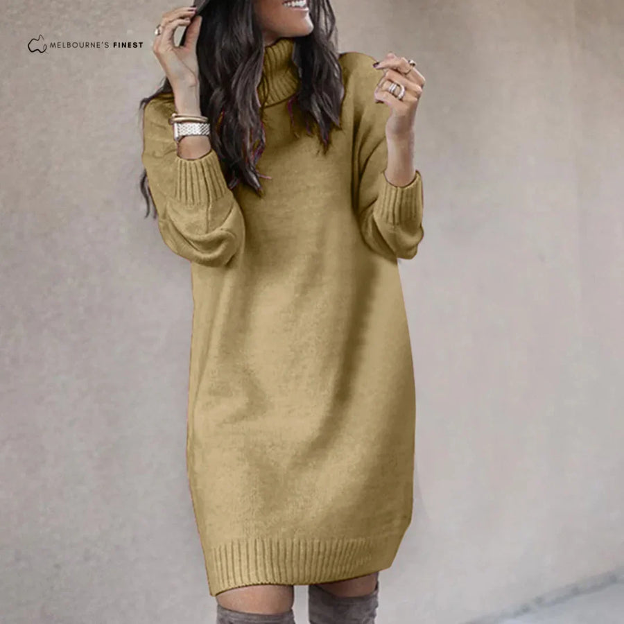 Women's Turtleneck Sweater Dress, Long Sleeve Ribbed Cuff Knit Dress