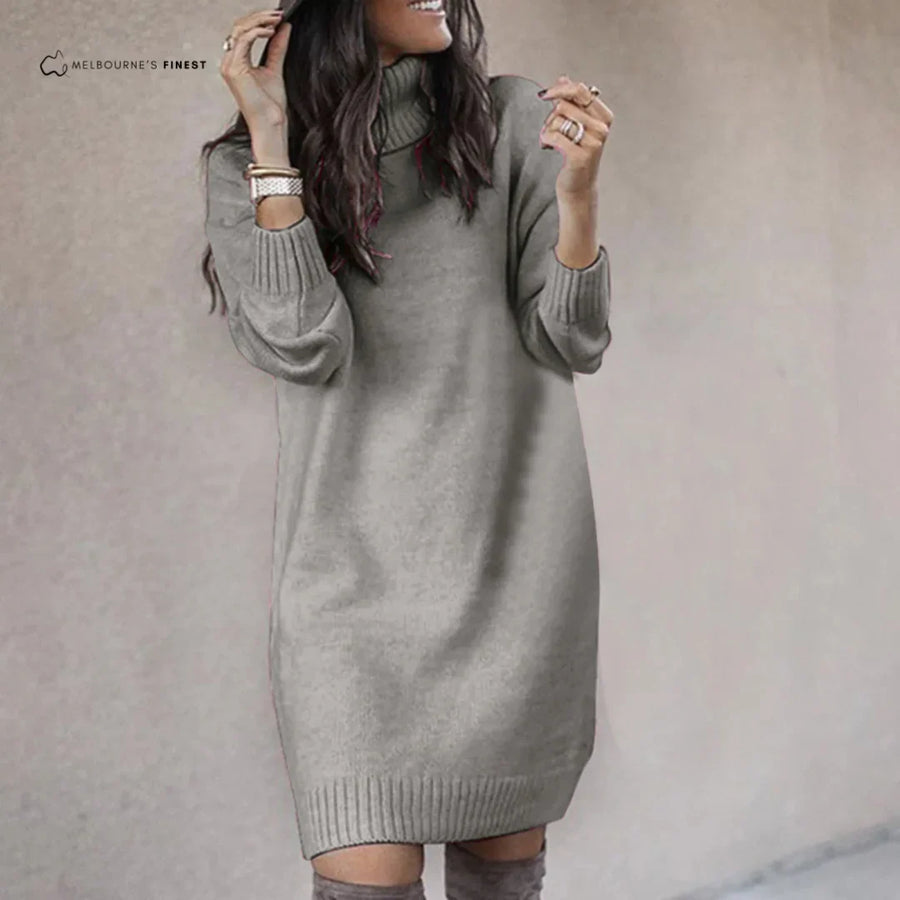 Women's Turtleneck Sweater Dress, Long Sleeve Ribbed Cuff Knit Dress