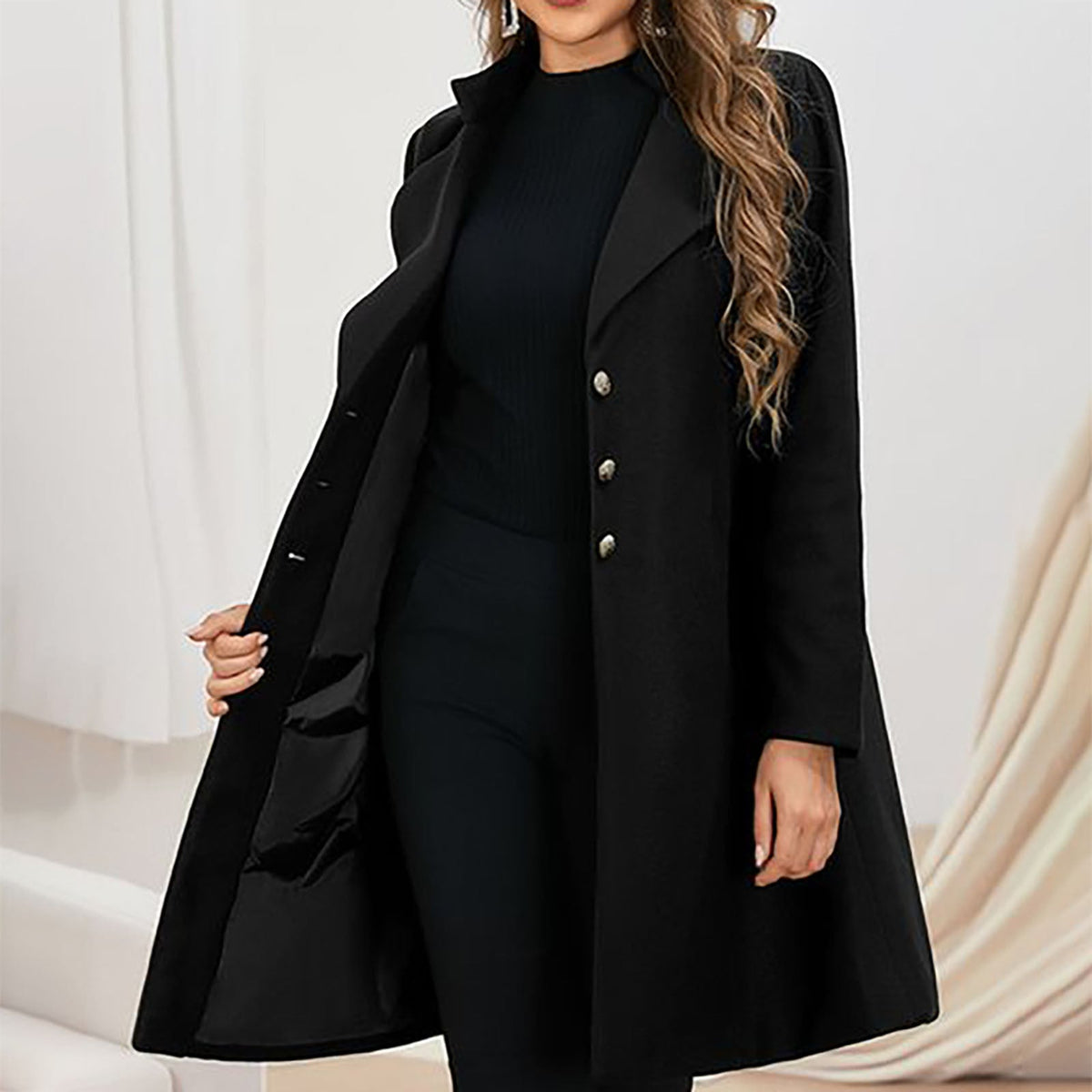 Ladies Long Wool Coat Notch Lapel - View 6