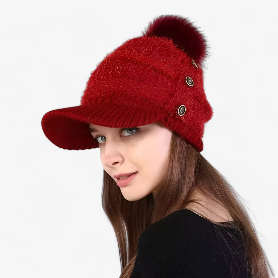 Knit Pom Pom Beanie Women With Visor
