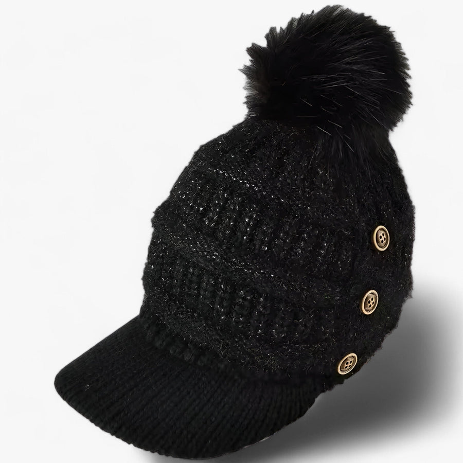 Knit Pom Pom Beanie Women With Visor - View 2
