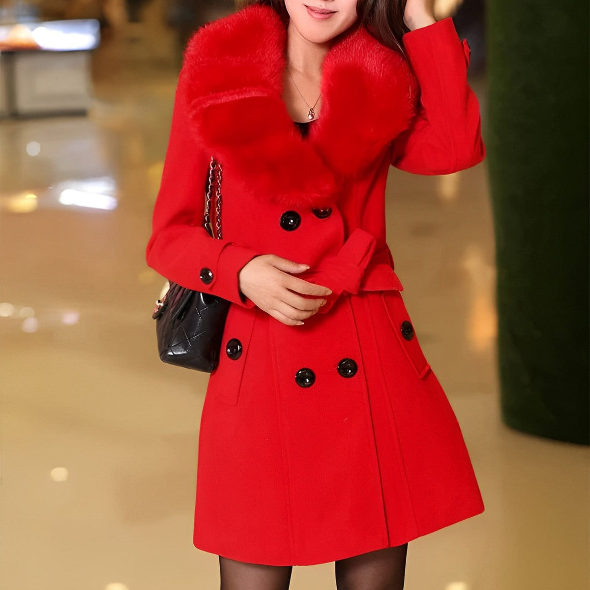 Faux Fur Collar Wool Coat Women - View 3