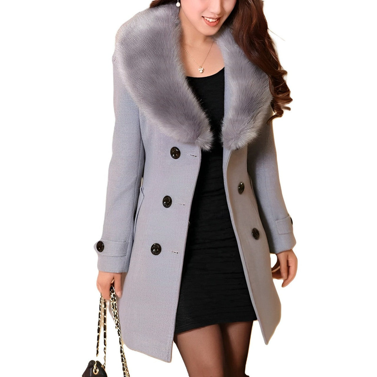 Faux Fur Collar Wool Coat Women - View 4
