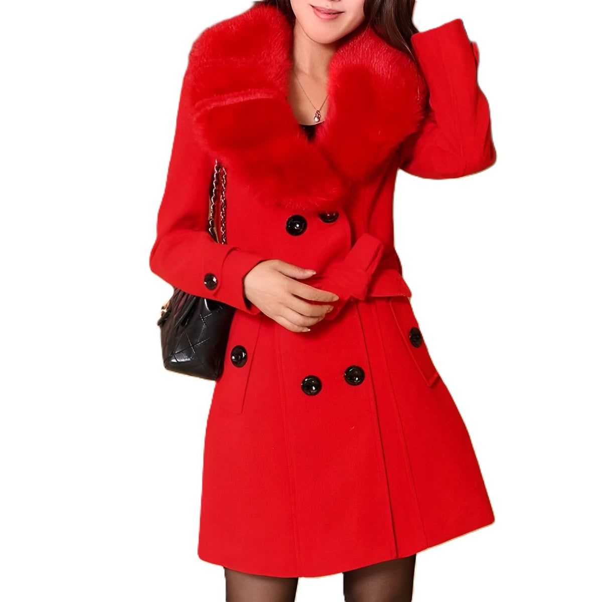 Faux Fur Collar Wool Coat Women - View 6