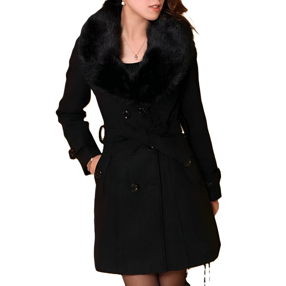 Faux Fur Collar Wool Coat Women - View 7