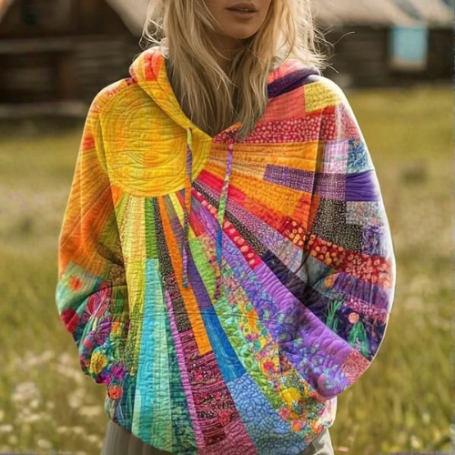 Rainbow Patchwork Hoodie Women Colourful