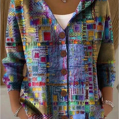 Hooded Button Up Shirt Jacket Women Print