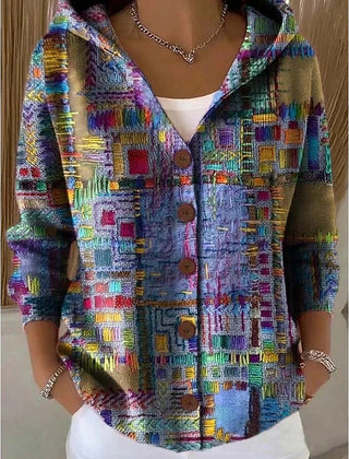 Hooded Button Up Shirt Jacket Women Print