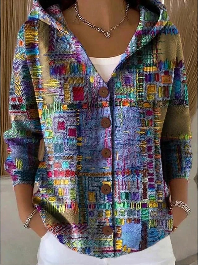 Hooded Button Up Shirt Jacket Women Print
