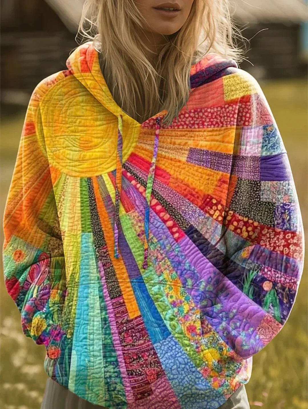 Patchwork Hoodie Women Oversized Rainbow