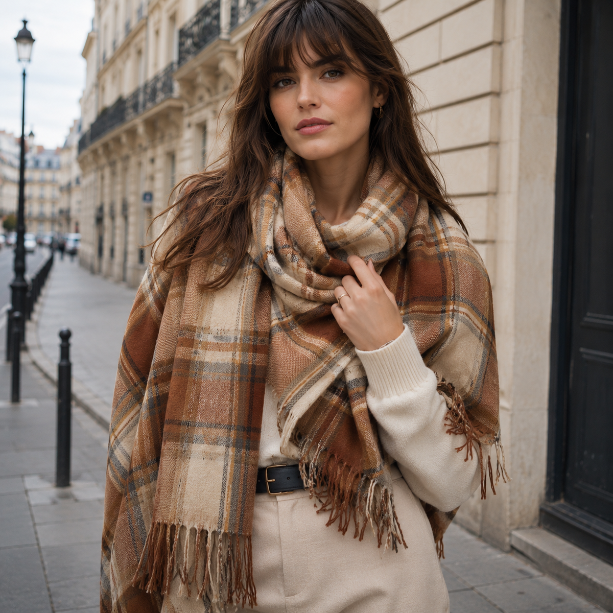 Plaid Blanket Scarf Women Oversized Fringe