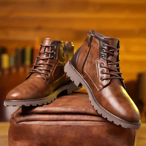 Mens Leather Brogue Lace Up Boots - View 2