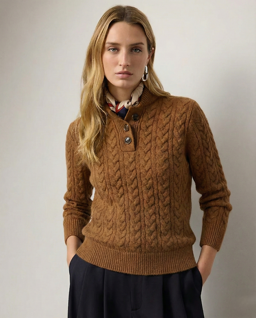 Cable Knit Sweater Women Button Neck
