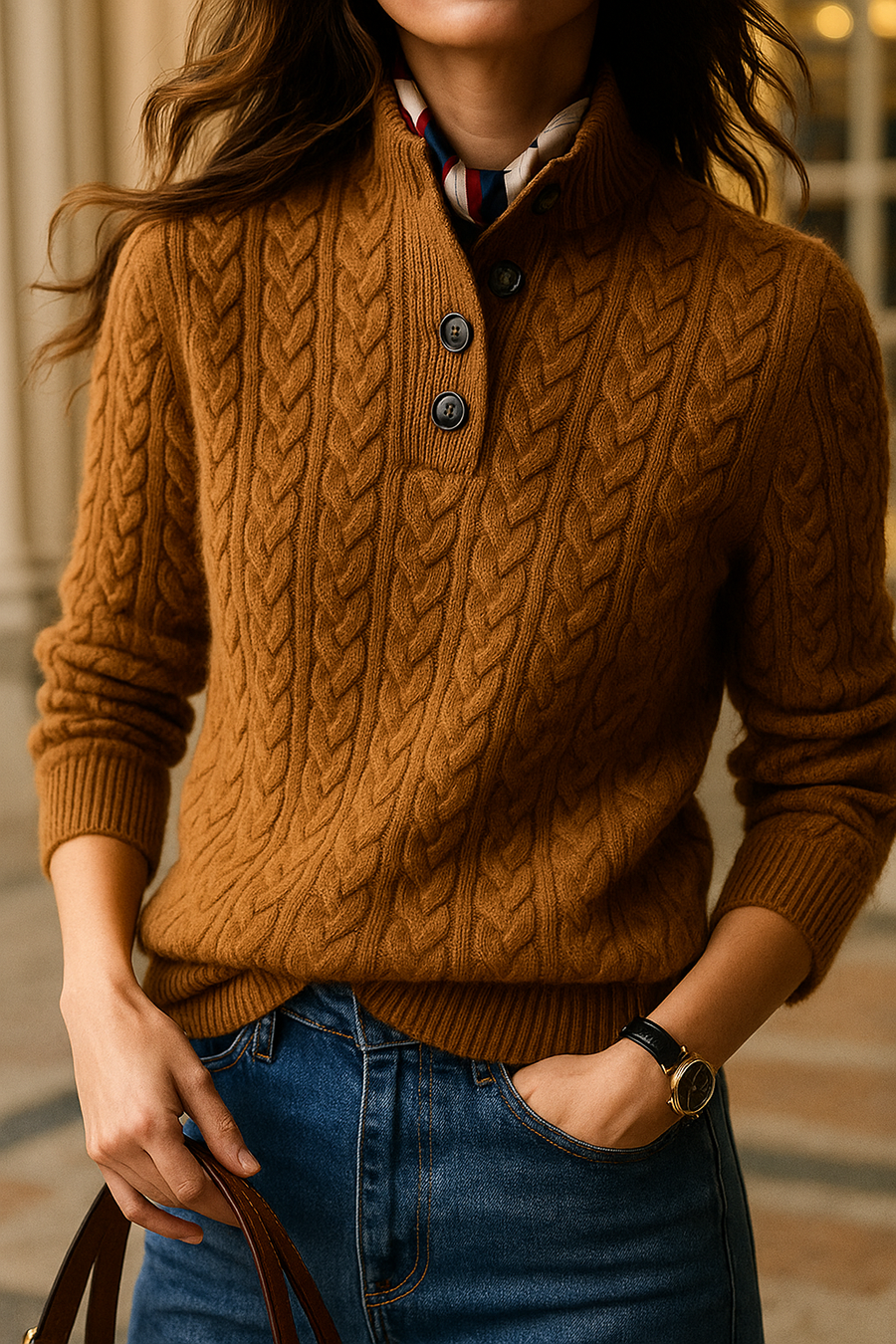 Cable Knit Sweater Women Button Neck - View 2