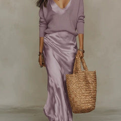Womens Sweater And Satin Midi Skirt Set - View 6