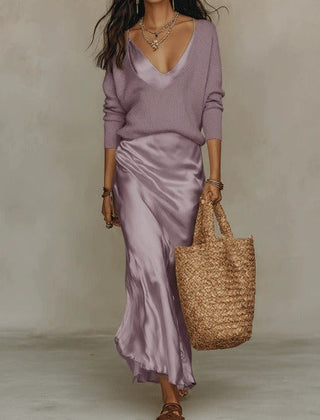 Womens Sweater And Satin Midi Skirt Set - View 6