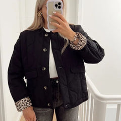 Quilted Jacket Women Leopard Trim