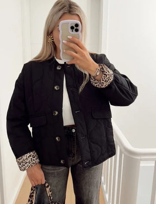 Quilted Jacket Women Leopard Trim