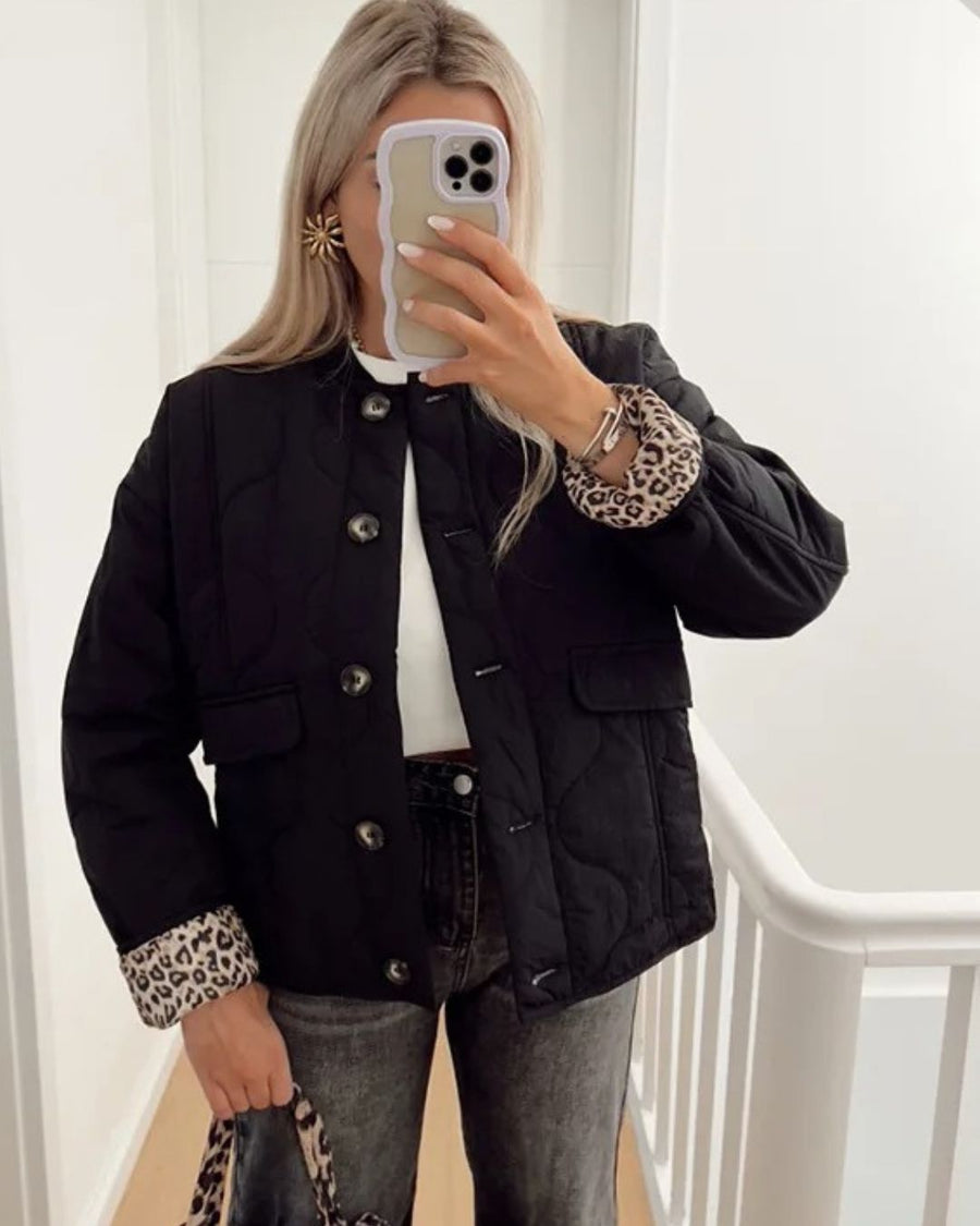 Quilted Jacket Women Leopard Trim