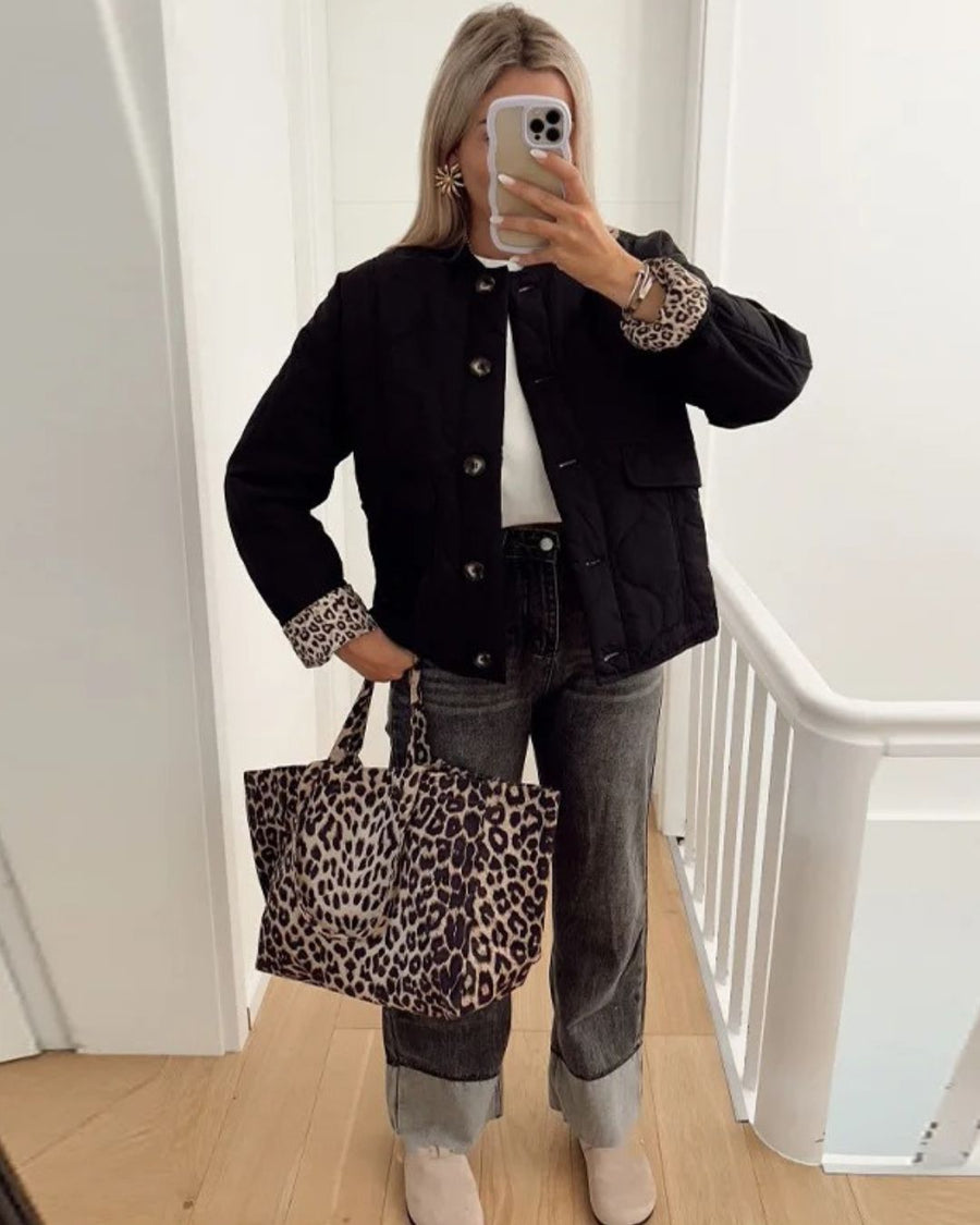 Quilted Jacket Women Leopard Trim - View 2