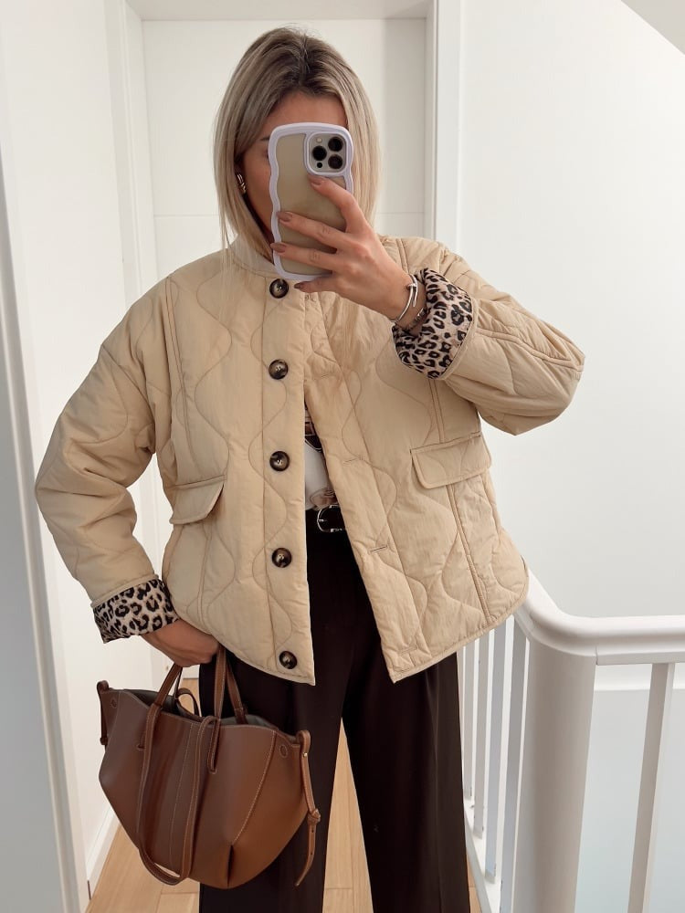 Quilted Jacket Women Leopard Trim - View 3
