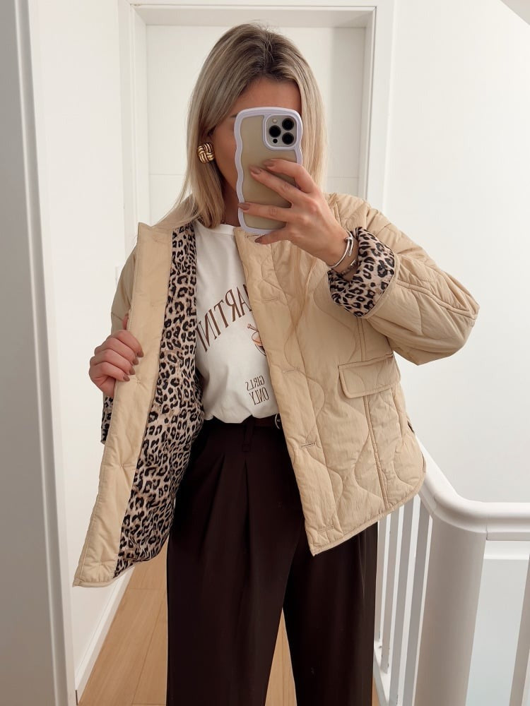 Quilted Jacket Women Leopard Trim - View 4
