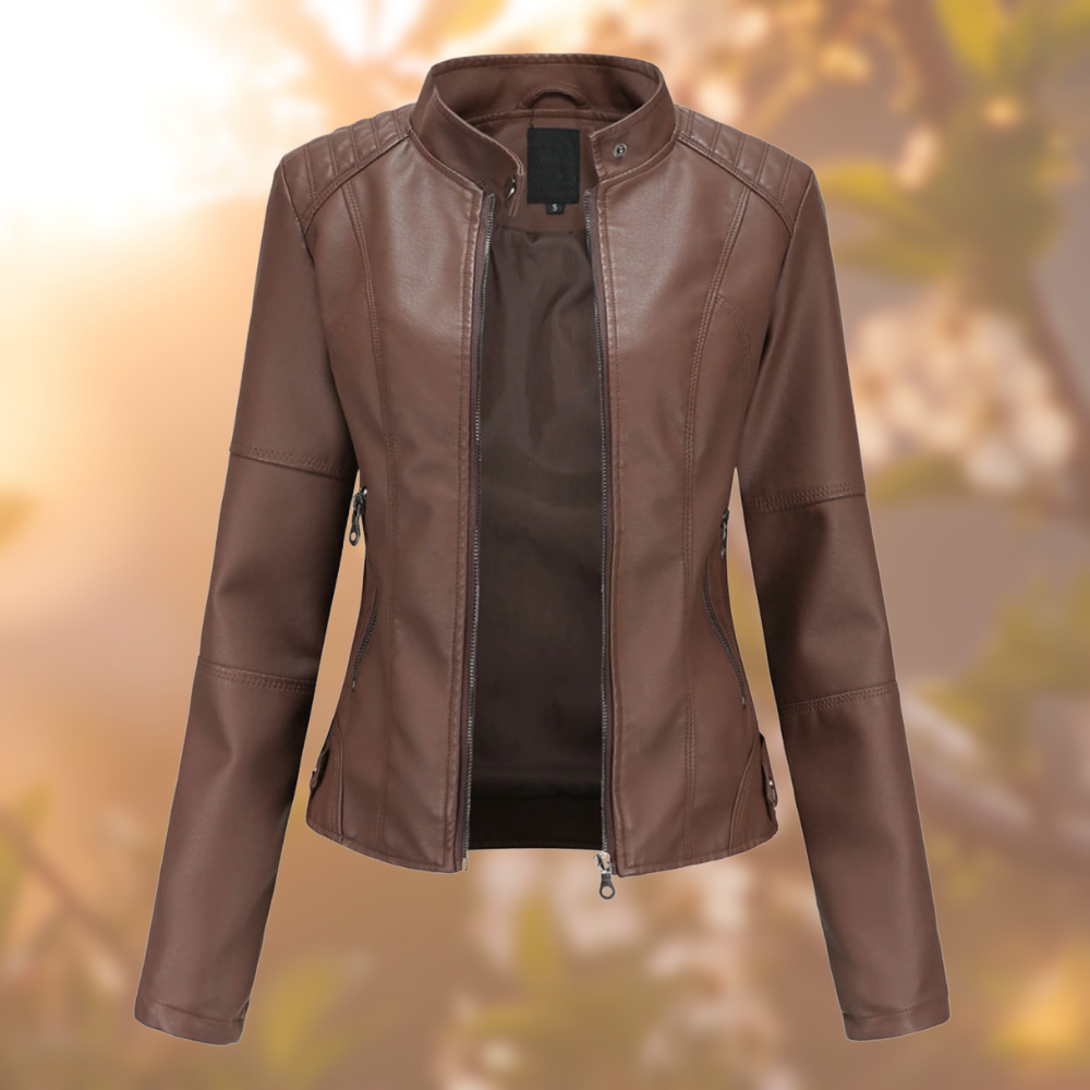 Faux Leather Moto Jacket Women Slim - View 2
