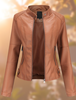 Faux Leather Moto Jacket Women Slim - View 3