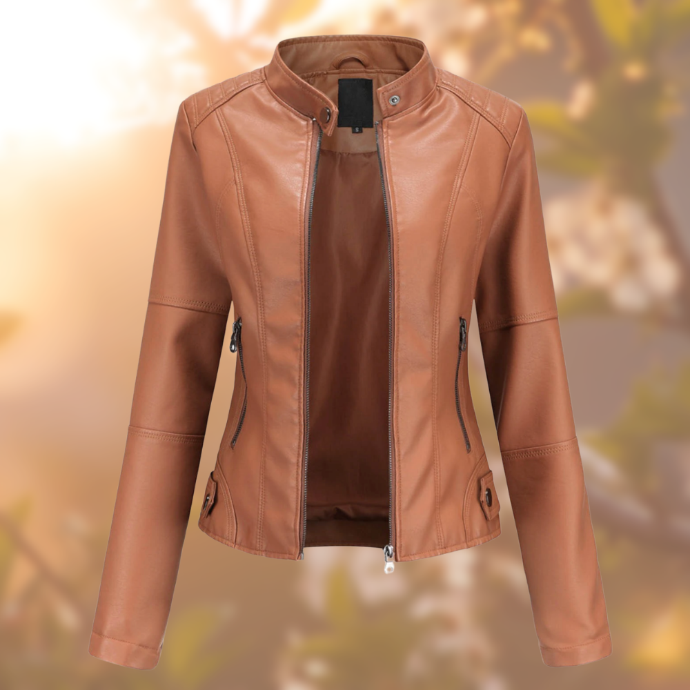 Faux Leather Moto Jacket Women Slim - View 3