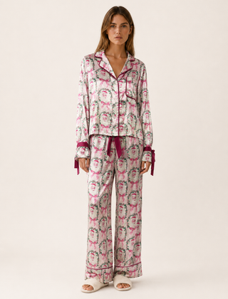 Satin Pyjama Set Women Printed Two Piece