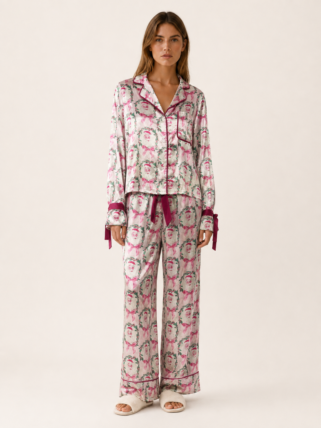 Satin Pyjama Set Women Printed Two Piece