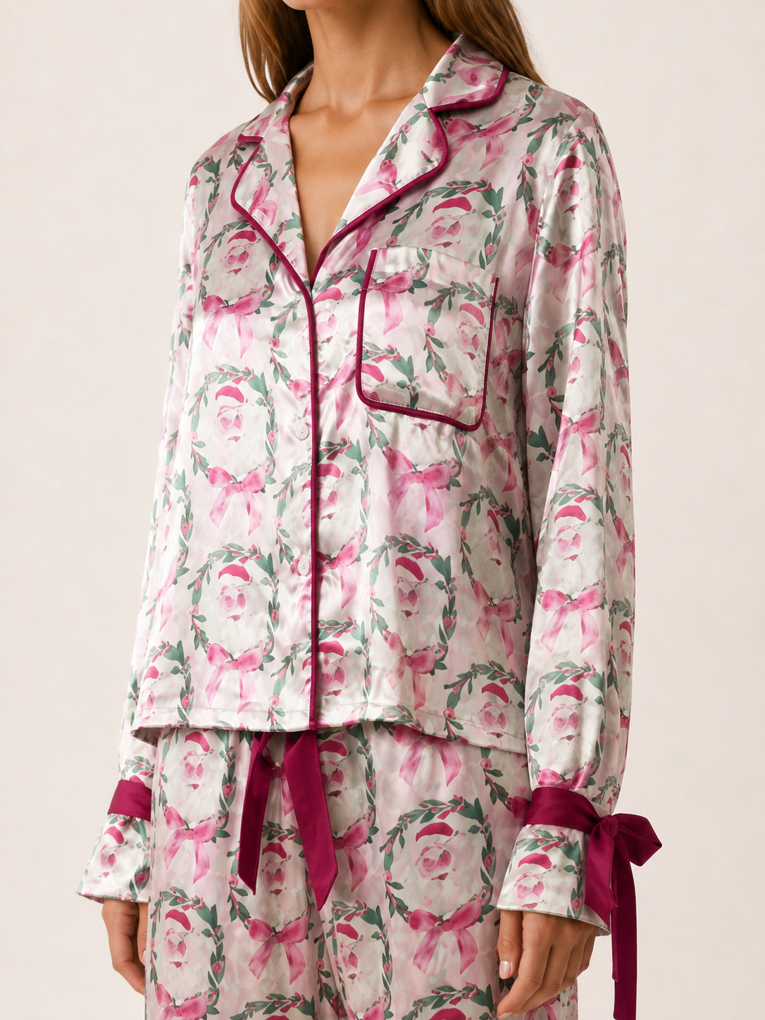 Satin Pyjama Set Women Printed Two Piece - View 4