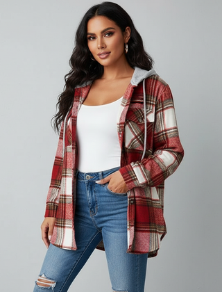 Plaid Flannel Shacket Women Hooded
