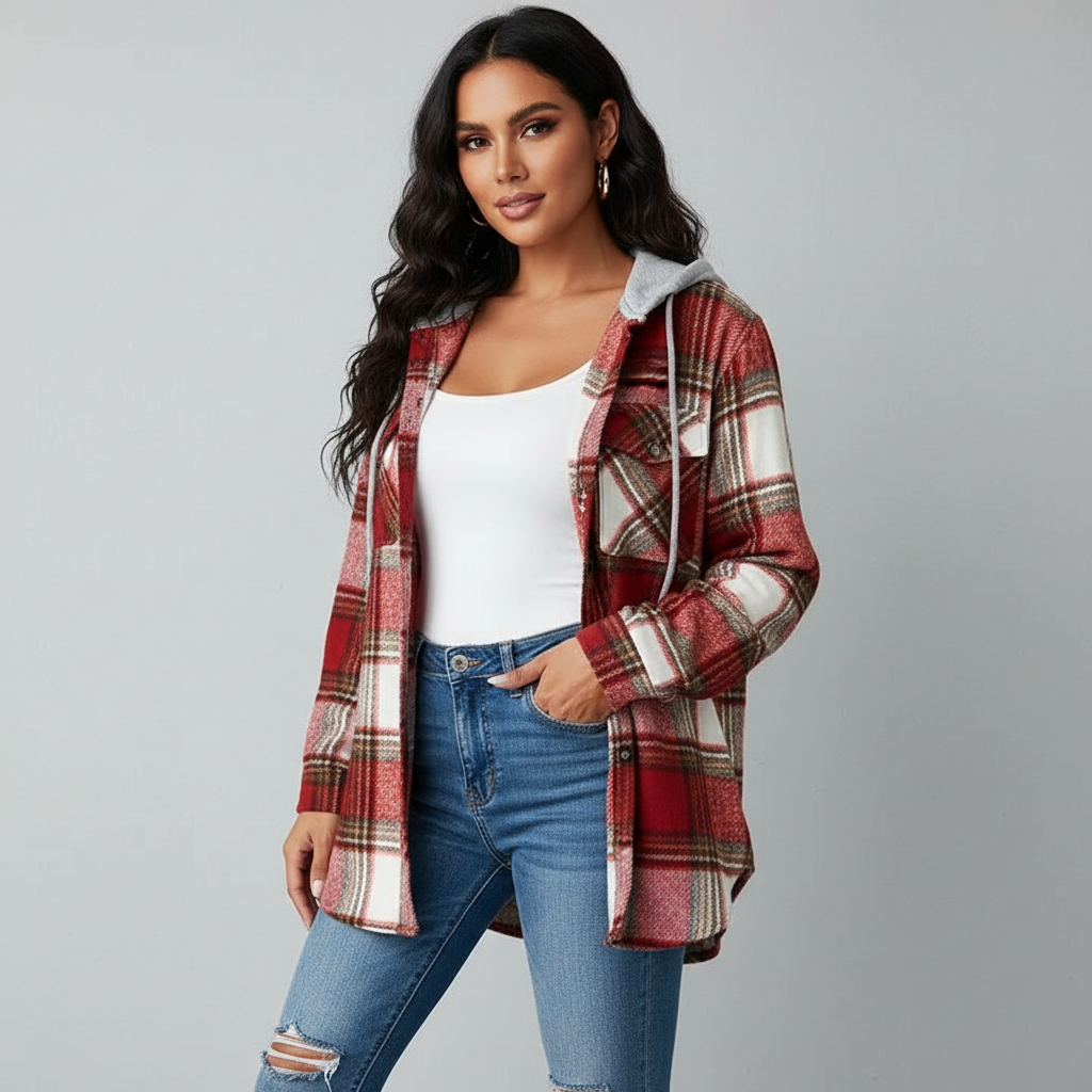 Plaid Flannel Shacket Women Hooded