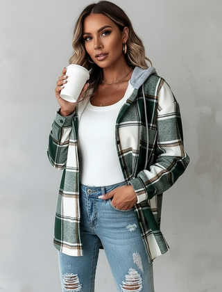 Plaid Flannel Shacket Women Hooded - View 2