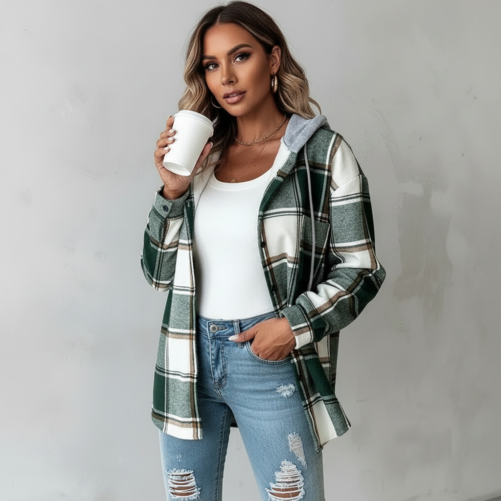 Plaid Flannel Shacket Women Hooded - View 2