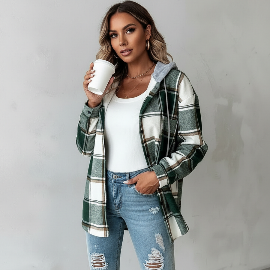 Plaid Flannel Shacket Women Hooded - View 2